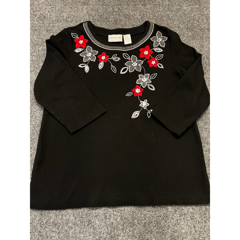 Alfred Dunner Black Floral Embroidered Sequin 3/4 Sleeve Knit Top Small